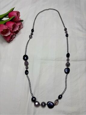 Black & Gunmetal Beaded Long Station Necklace - Faceted
& Textured Beads
